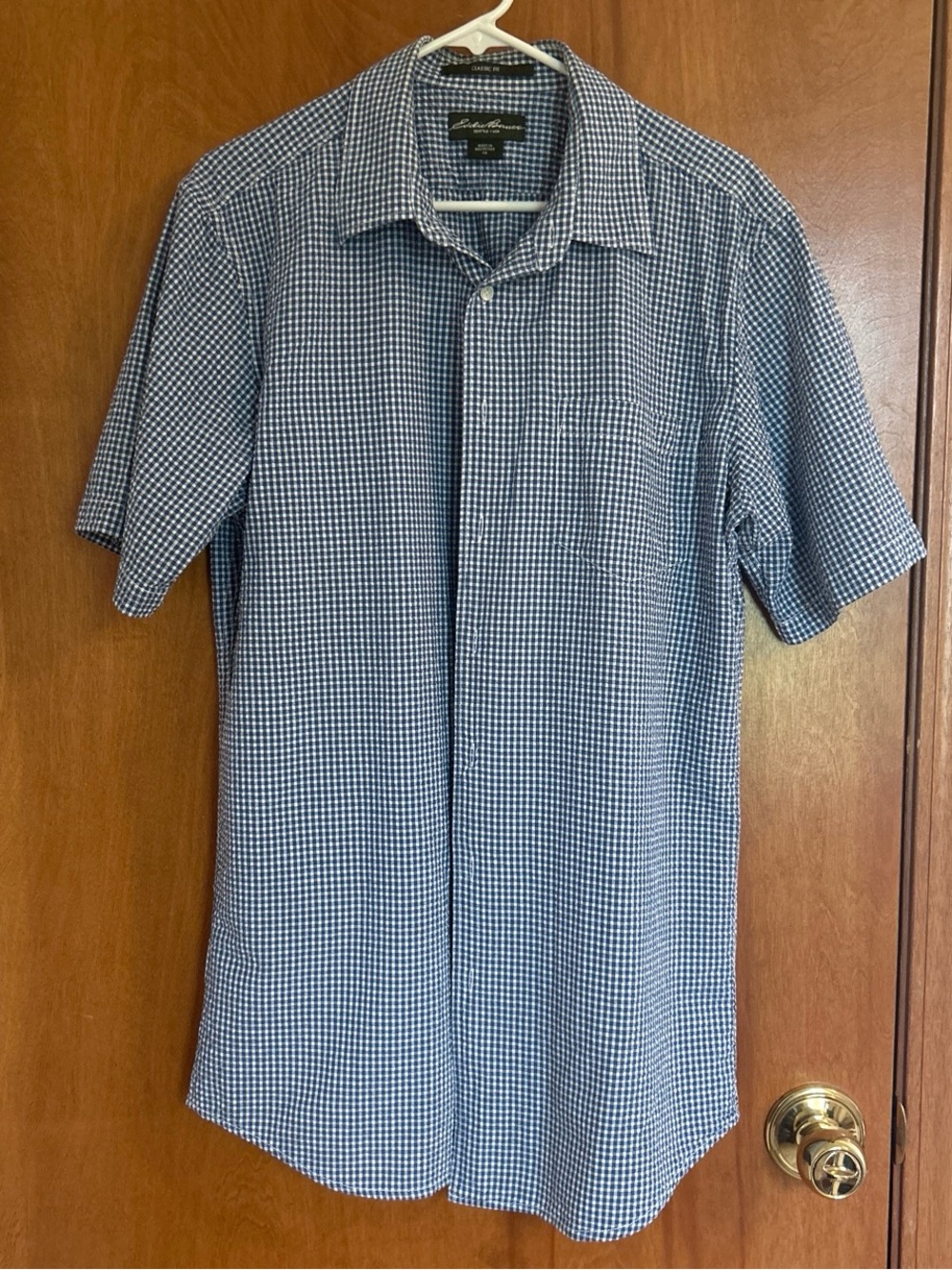 Eddie Bauer Seersucker Gingham Short-Sleeve Shirt Blue Size Tall Medium
